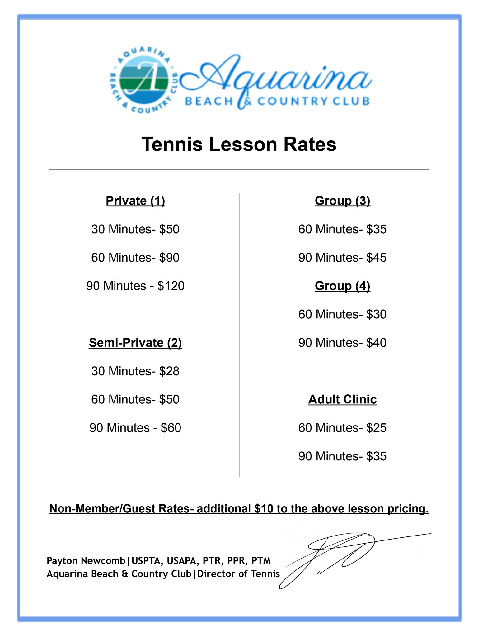 Fall 2024 Tennis Rates